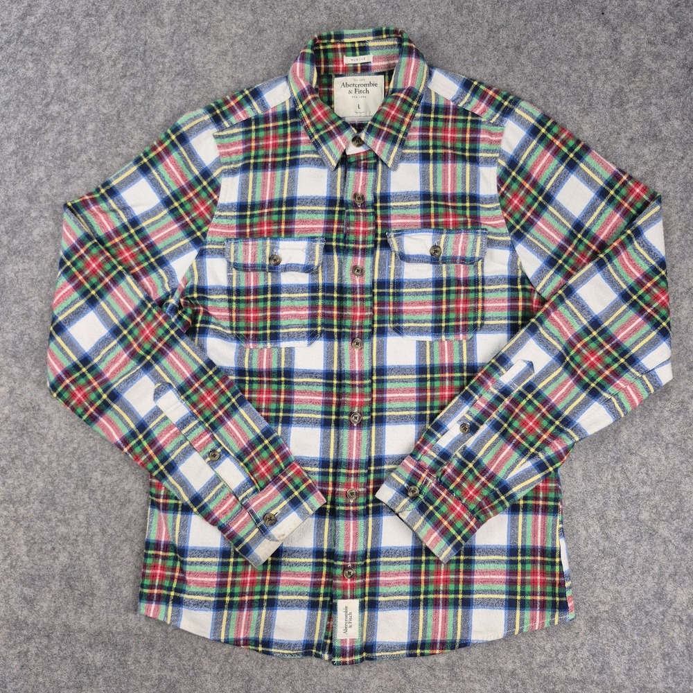 Vintage Abercrombie & Fitch Muscle Shirt Men L Plaid Flannel Soft Button Up Y2K